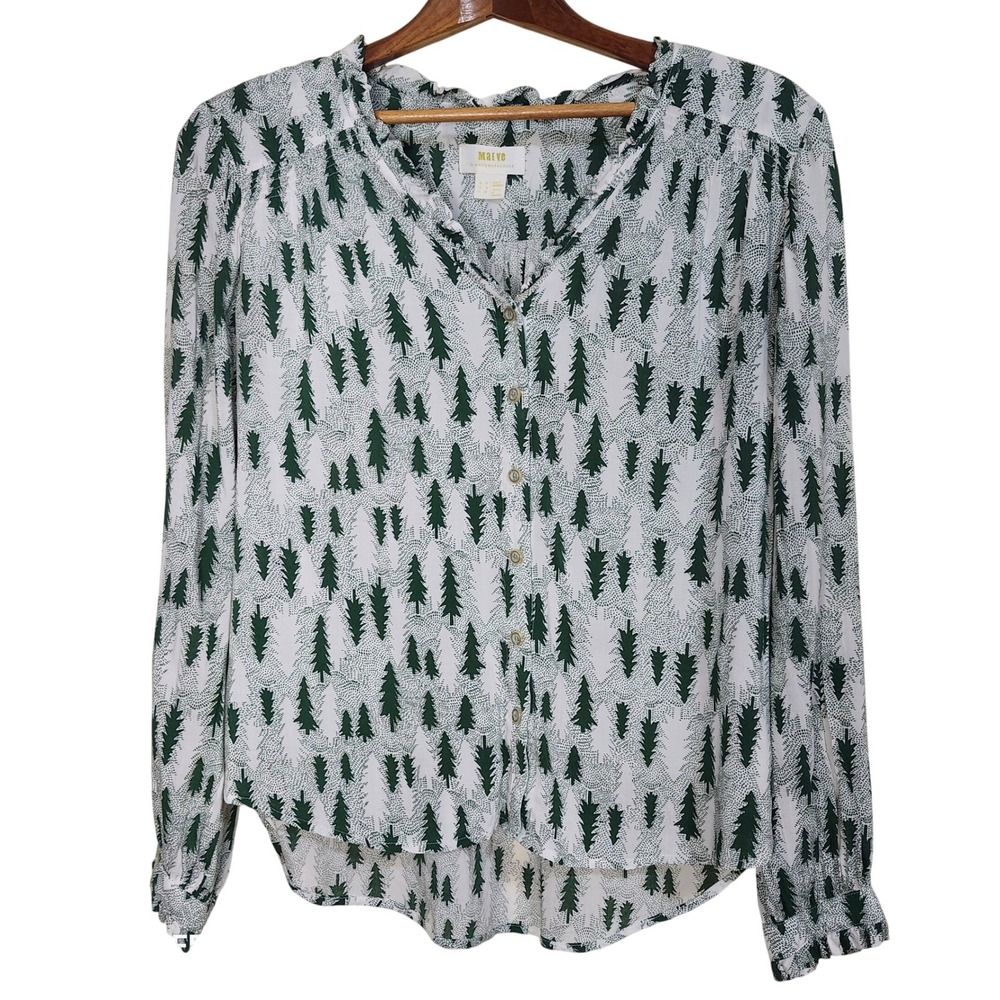 Maeve by Anthropologie Marisol Button Blouse Pine Tree Print Size 6 Green White